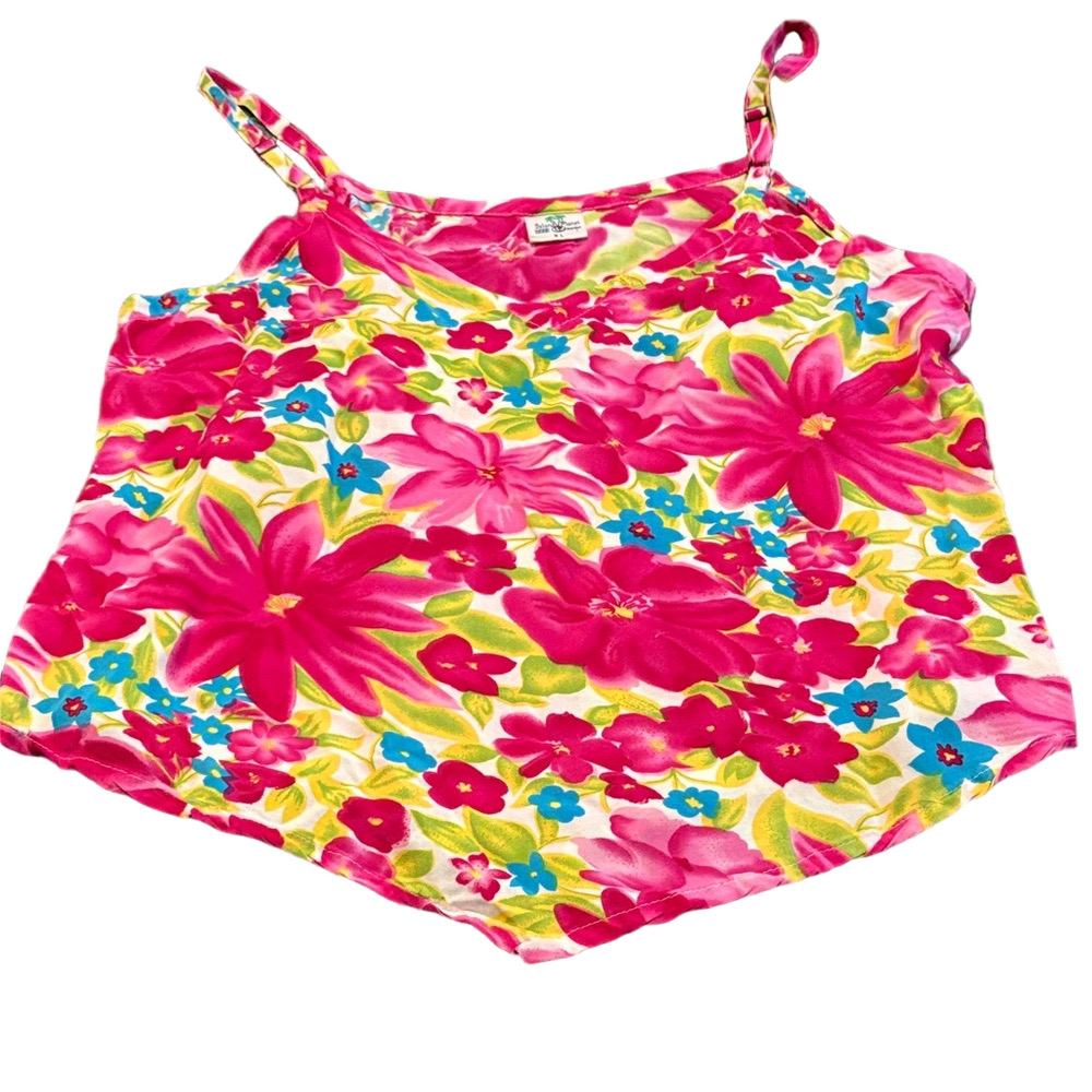 Island Planet Floral Top Adjustable Spaghetti Straps Vibrant Colors Pink Blue XL